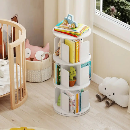 3-Tier Rotating Bookshelf with Dividers and Anti-falling Baffles-White Costway