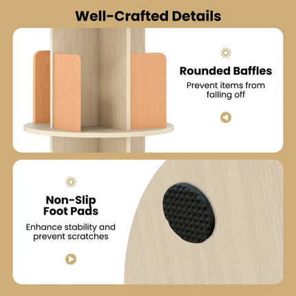 3-Tier Rotating Bookshelf with Dividers and Anti-falling Baffles-Natural Costway