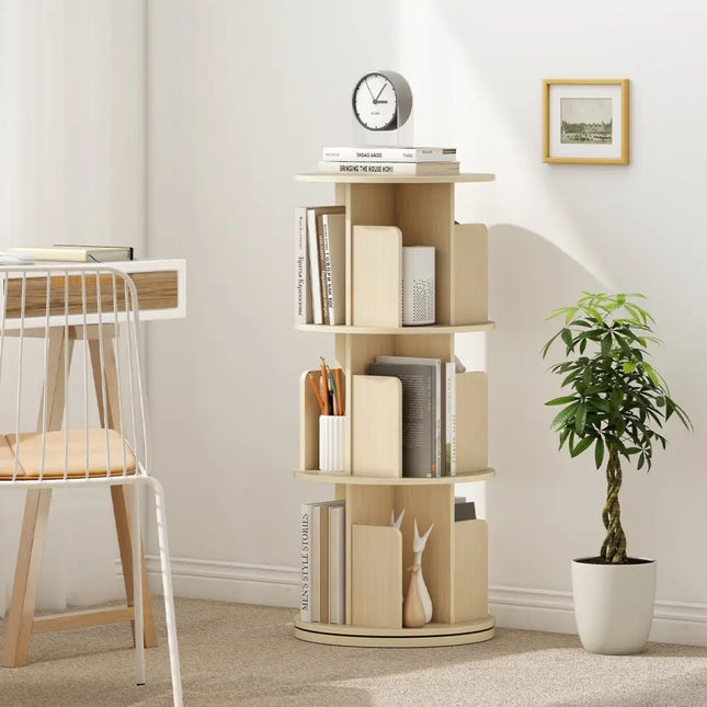 3-Tier Rotating Bookshelf with Dividers and Anti-falling Baffles-Natural Costway