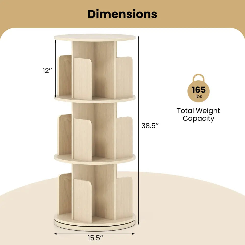 3-Tier Rotating Bookshelf with Dividers and Anti-falling Baffles-Natural - Natural - Bookcases