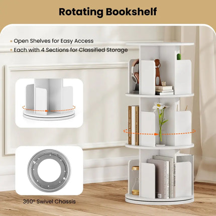 3-Tier Rotating Bookshelf with Dividers and Anti-falling Baffles-White Costway