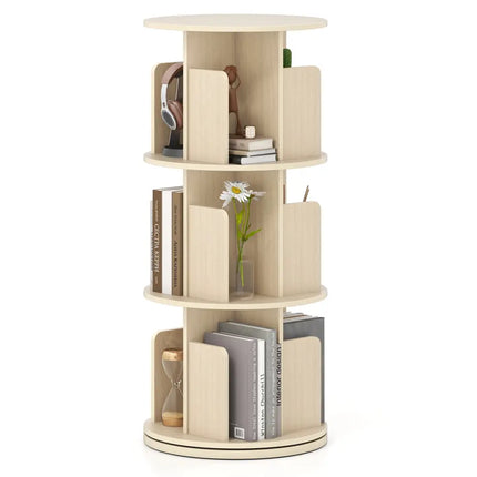 3-Tier Rotating Bookshelf with Dividers and Anti-falling Baffles-Natural Costway