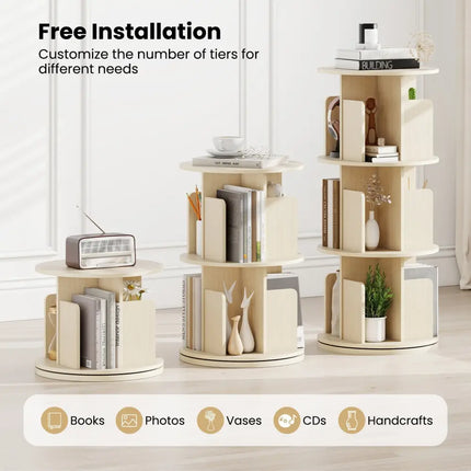 3-Tier Rotating Bookshelf with Dividers and Anti-falling Baffles-Natural Costway