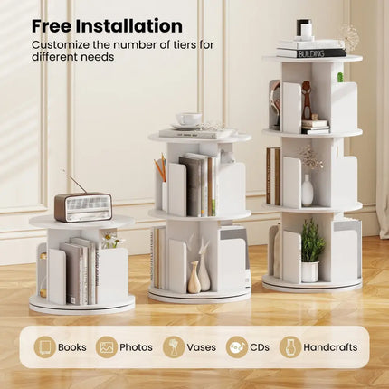 3-Tier Rotating Bookshelf with Dividers and Anti-falling Baffles-White Costway