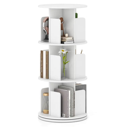 3-Tier Rotating Bookshelf with Dividers and Anti-falling Baffles-White Costway
