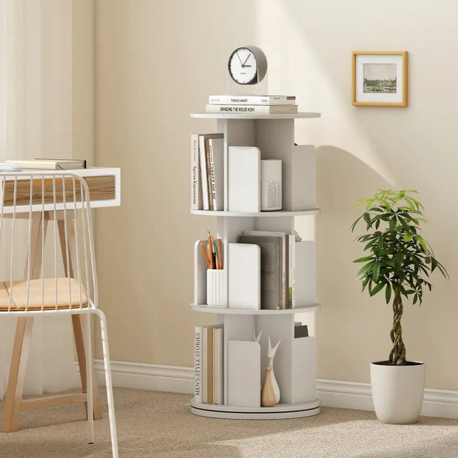3-Tier Rotating Bookshelf with Dividers and Anti-falling Baffles-White Costway