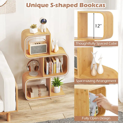 3-Tier S-Shaped Bookcase with 3 Open Cubes for Living Room-Natural Costway