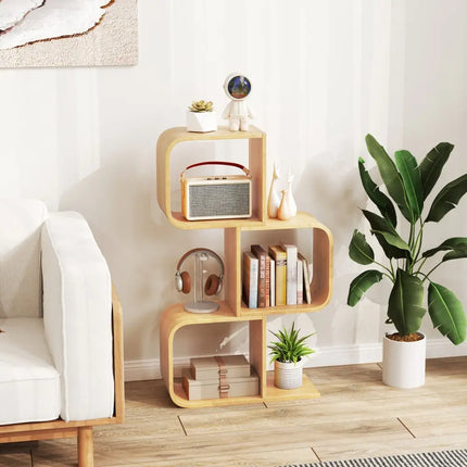 3-Tier S-Shaped Bookcase with 3 Open Cubes for Living Room-Natural Costway