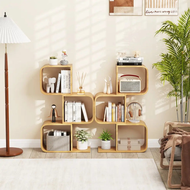 3-Tier S-Shaped Bookcase with 3 Open Cubes for Living Room-Natural Costway