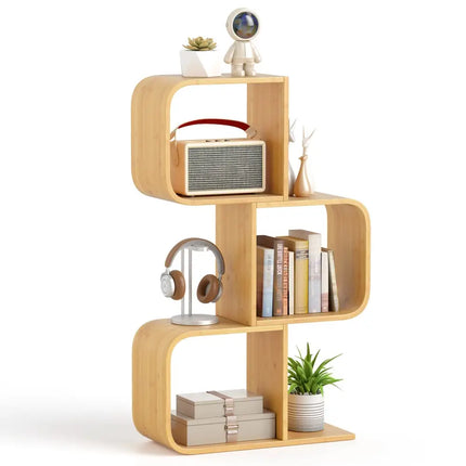 3-Tier S-Shaped Bookcase with 3 Open Cubes for Living Room-Natural Costway