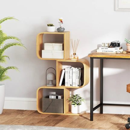 3-Tier S-Shaped Bookcase with 3 Open Cubes for Living Room-Natural Costway