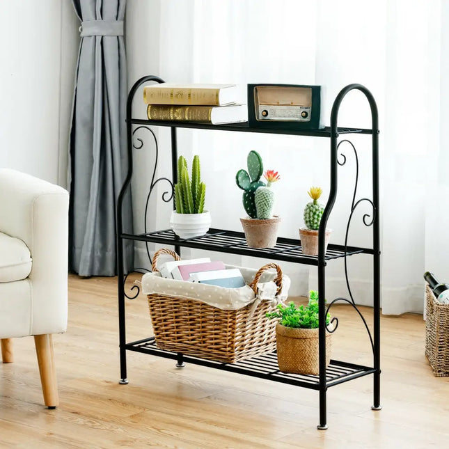 3-Tier Scrollwork Designed Metal Plant Stand-Black - Black - Plant Stands