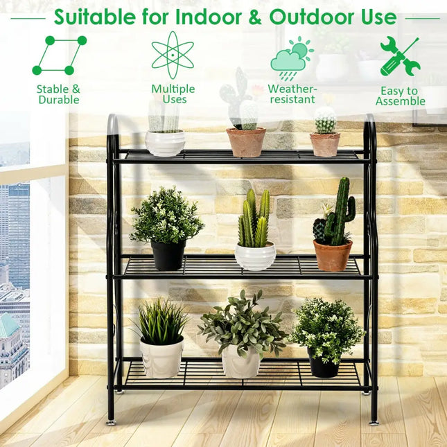 3-Tier Scrollwork Designed Metal Plant Stand-Black - Black - Plant Stands