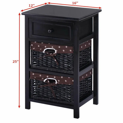 3 Tier Set of 2 Wood Nightstand with 1 and 2 Drawer -Black Costway