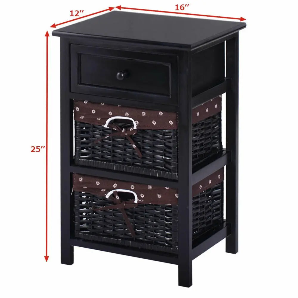 3 Tier Set of 2 Wood Nightstand with 1 and 2 Drawer -Black Costway