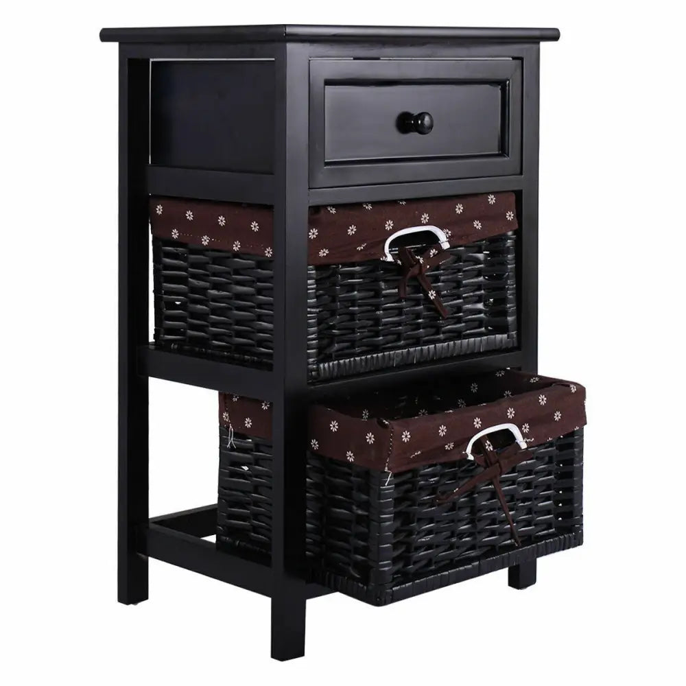 3 Tier Set of 2 Wood Nightstand with 1 and 2 Drawer -Black Costway