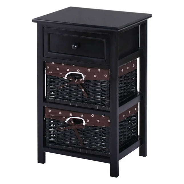 3 Tier Set of 2 Wood Nightstand with 1 and 2 Drawer -Black Costway