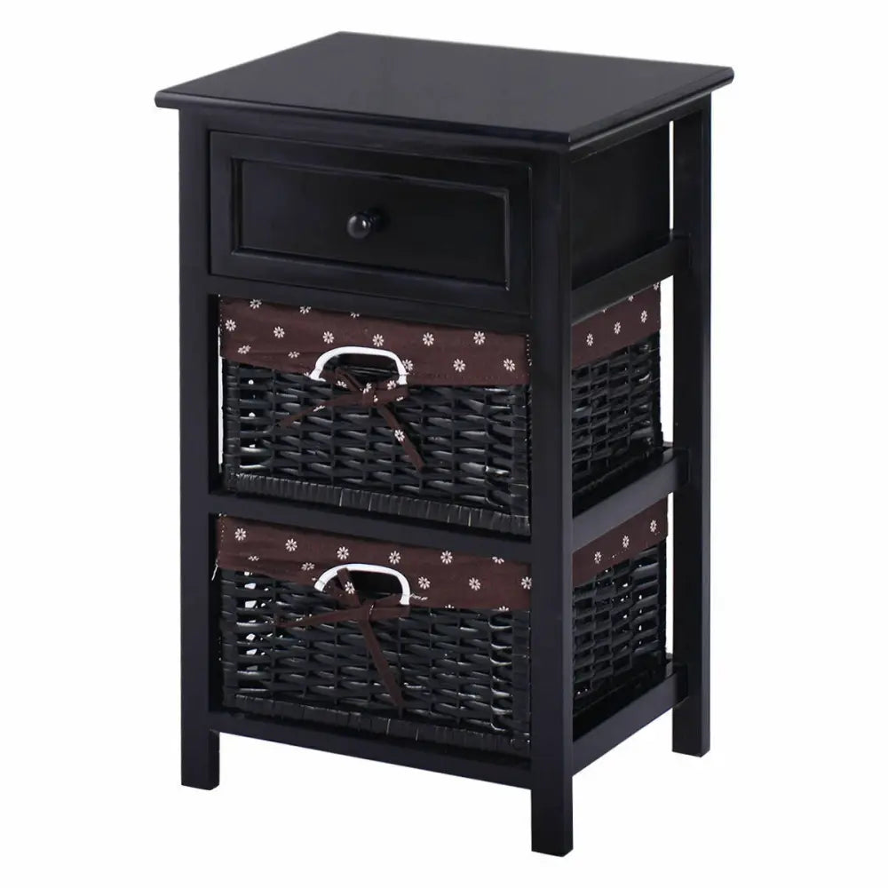 3 Tier Set of 2 Wood Nightstand with 1 and 2 Drawer -Black Costway
