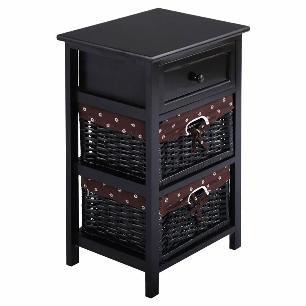 3 Tier Set of 2 Wood Nightstand with 1 and 2 Drawer -Black Costway