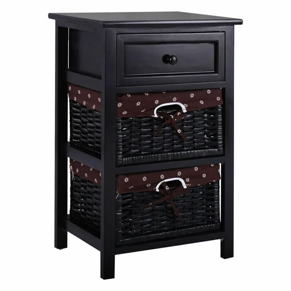 3 Tier Set of 2 Wood Nightstand with 1 and 2 Drawer -Black Costway