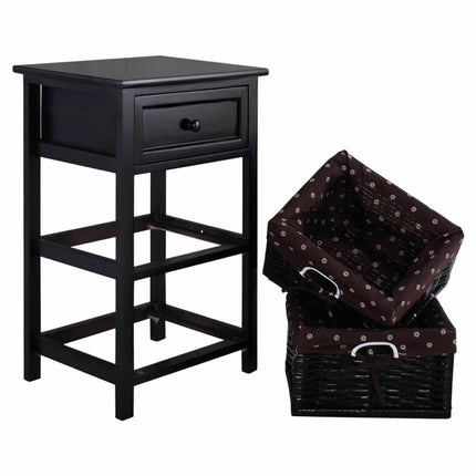 3 Tier Set of 2 Wood Nightstand with 1 and 2 Drawer -Black Costway