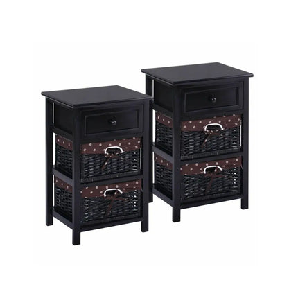 3 Tier Set of 2 Wood Nightstand with 1 and 2 Drawer -Black Costway