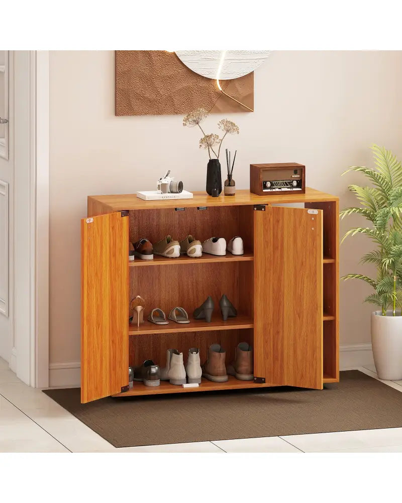 3-Tier Shoe Cabinet with Doors with Adjustable Open Shelves for Entryway-Natural - Natural - Shoe Racks & Storage