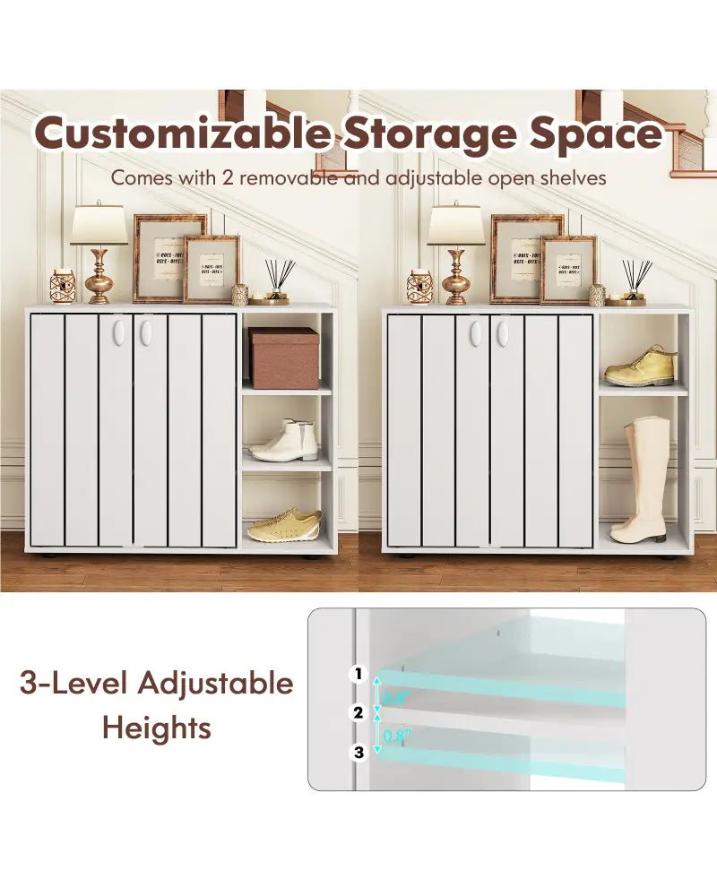 3-Tier Shoe Cabinet with Doors with Adjustable Open Shelves for Entryway-White - White - Shoe Racks & Storage Benches