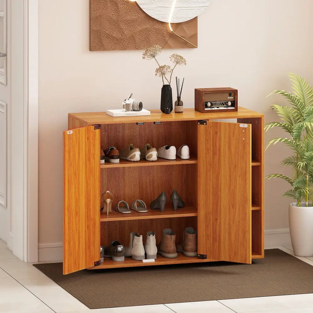 3-Tier Shoe Cabinet with Doors with Adjustable Open Shelves for Entryway-Natural - Natural - Shoe Racks & Storage