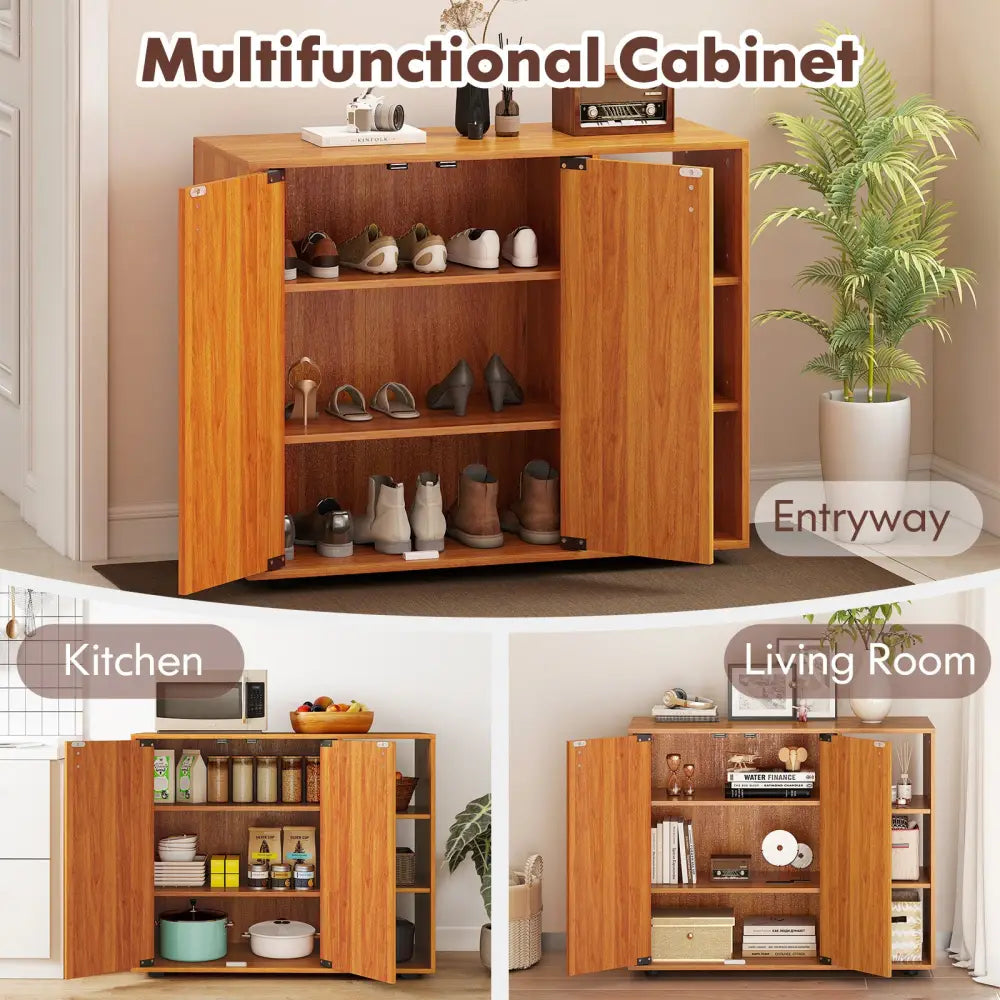 3-Tier Shoe Cabinet with Doors with Adjustable Open Shelves for Entryway-Natural - Natural - Shoe Racks & Storage