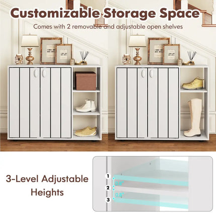 3-Tier Shoe Cabinet with Doors with Adjustable Open Shelves for Entryway-White - White - Shoe Racks & Storage Benches