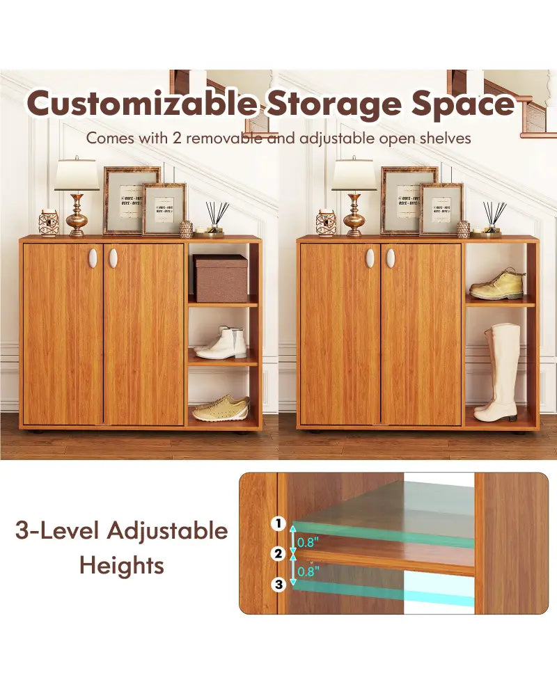 3-Tier Shoe Cabinet with Doors with Adjustable Open Shelves for Entryway-Natural - Natural - Shoe Racks & Storage