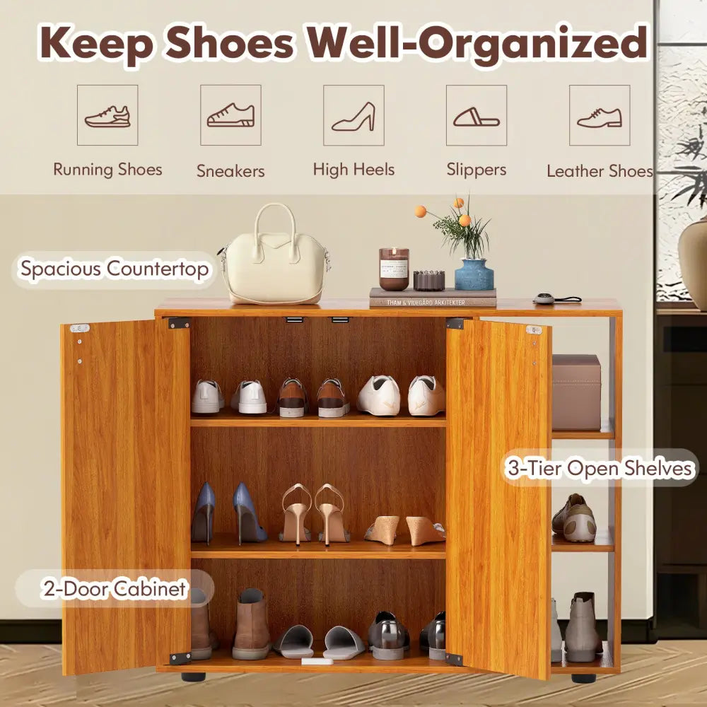3-Tier Shoe Cabinet with Doors with Adjustable Open Shelves for Entryway-Natural - Natural - Shoe Racks & Storage