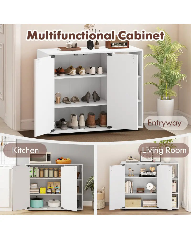 3-Tier Shoe Cabinet with Doors with Adjustable Open Shelves for Entryway-White - White - Shoe Racks & Storage Benches
