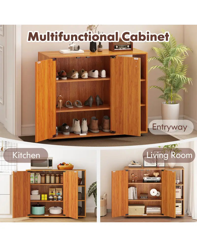 3-Tier Shoe Cabinet with Doors with Adjustable Open Shelves for Entryway-Natural - Natural - Shoe Racks & Storage