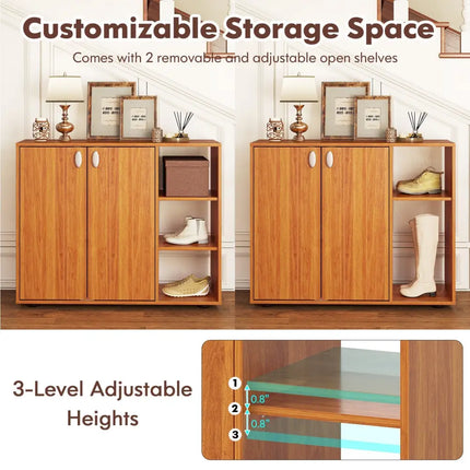 3-Tier Shoe Cabinet with Doors with Adjustable Open Shelves for Entryway-Natural - Natural - Shoe Racks & Storage