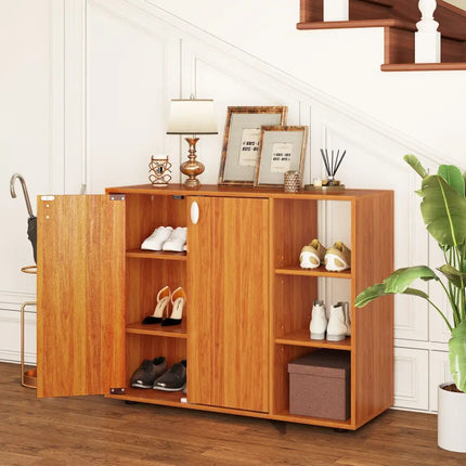 3-Tier Shoe Cabinet with Doors with Adjustable Open Shelves for Entryway-Natural - Natural - Shoe Racks & Storage