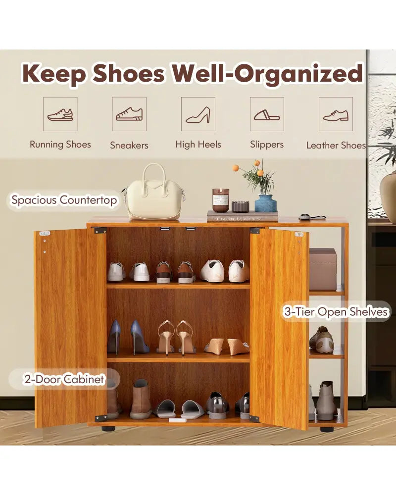 3-Tier Shoe Cabinet with Doors with Adjustable Open Shelves for Entryway-Natural - Natural - Shoe Racks & Storage