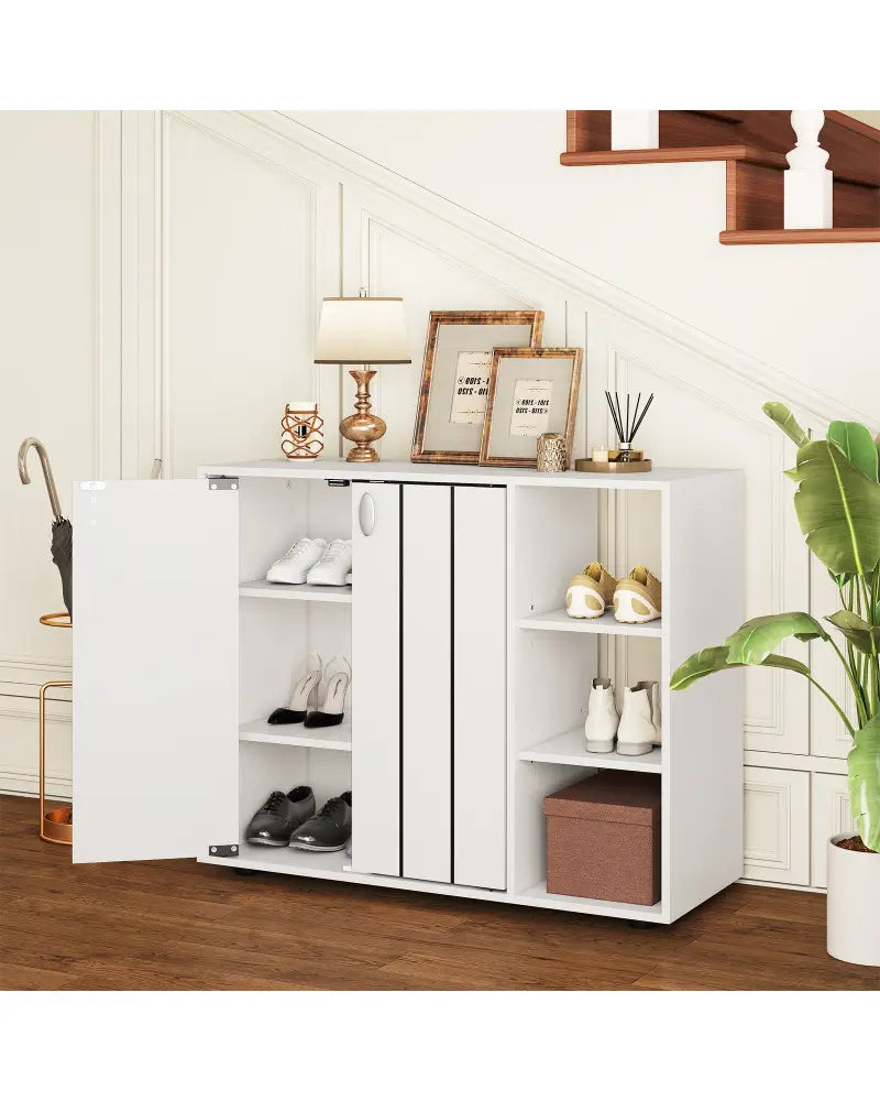 3-Tier Shoe Cabinet with Doors with Adjustable Open Shelves for Entryway-White - White - Shoe Racks & Storage Benches
