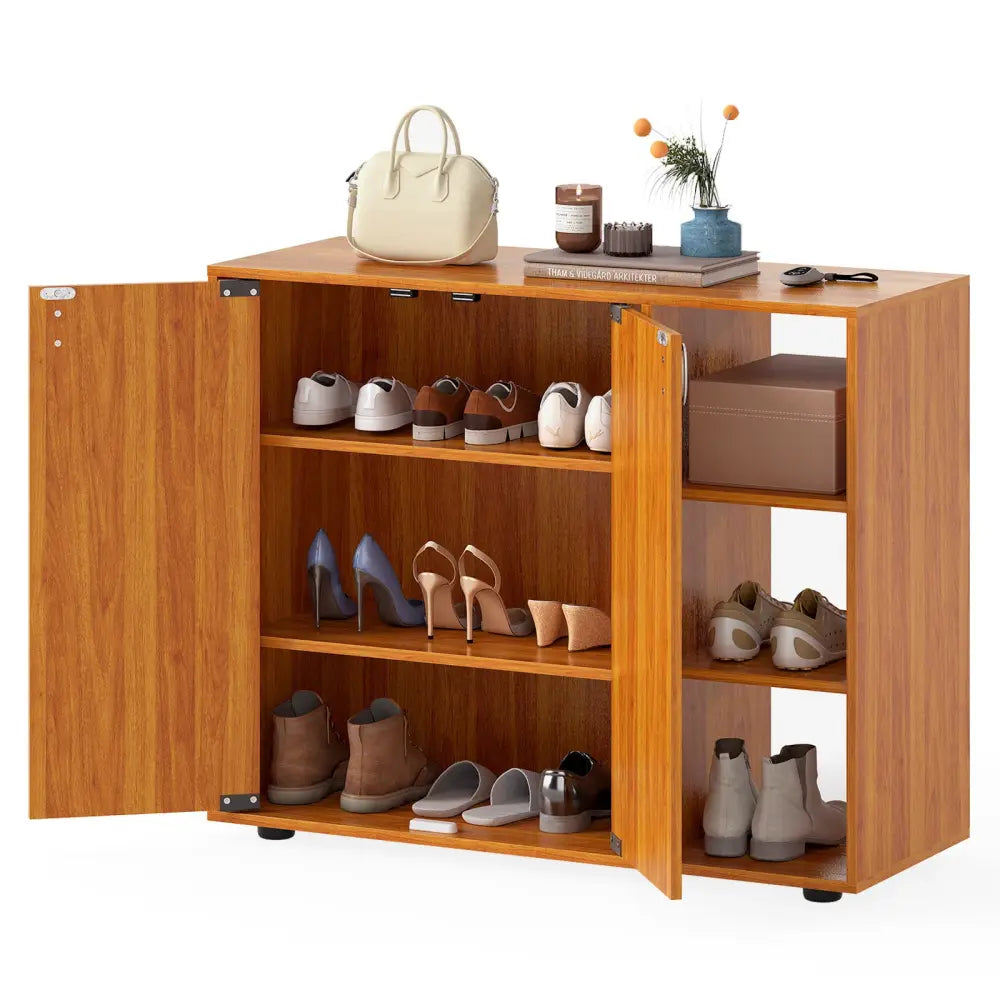 3-Tier Shoe Cabinet with Doors with Adjustable Open Shelves for Entryway-Natural - Natural - Shoe Racks & Storage