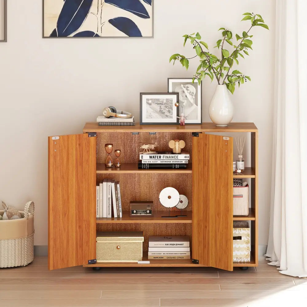 3-Tier Shoe Cabinet with Doors with Adjustable Open Shelves for Entryway-Natural - Natural - Shoe Racks & Storage