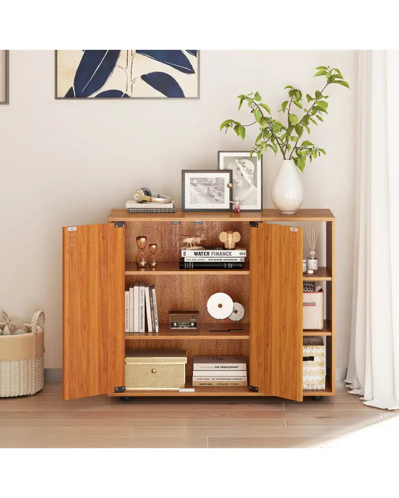 3-Tier Shoe Cabinet with Doors with Adjustable Open Shelves for Entryway-Natural - Natural - Shoe Racks & Storage