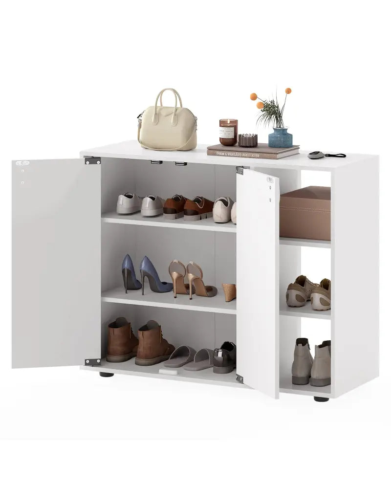 3-Tier Shoe Cabinet with Doors with Adjustable Open Shelves for Entryway-White - White - Shoe Racks & Storage Benches
