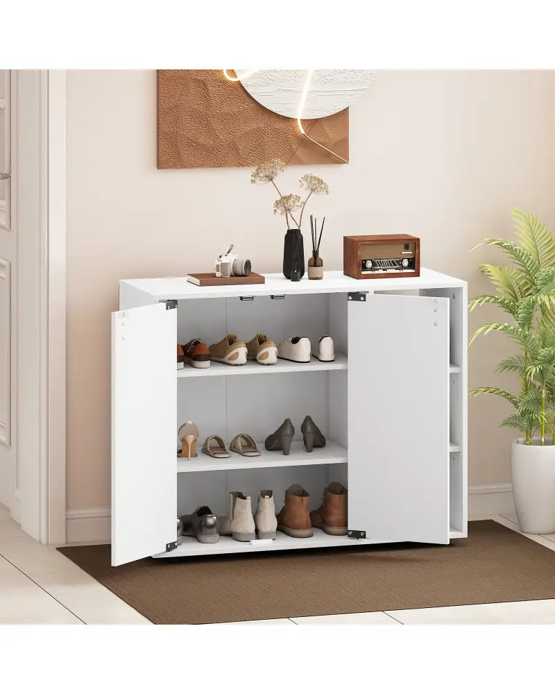 3-Tier Shoe Cabinet with Doors with Adjustable Open Shelves for Entryway-White - White - Shoe Racks & Storage Benches