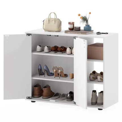 3-Tier Shoe Cabinet with Doors with Adjustable Open Shelves for Entryway-White - White - Shoe Racks & Storage Benches
