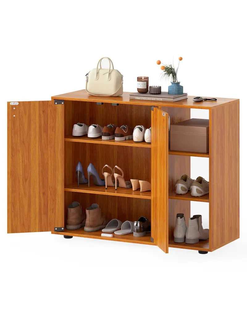 3-Tier Shoe Cabinet with Doors with Adjustable Open Shelves for Entryway-Natural - Natural - Shoe Racks & Storage