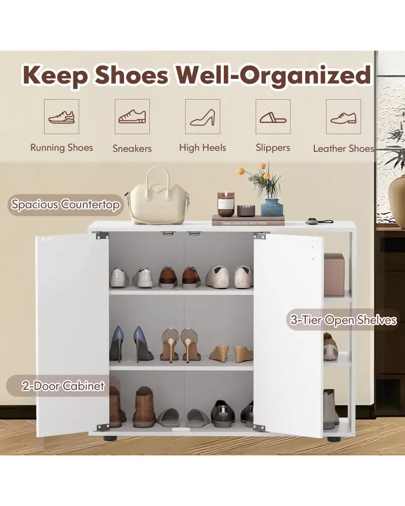 3-Tier Shoe Cabinet with Doors with Adjustable Open Shelves for Entryway-White - White - Shoe Racks & Storage Benches