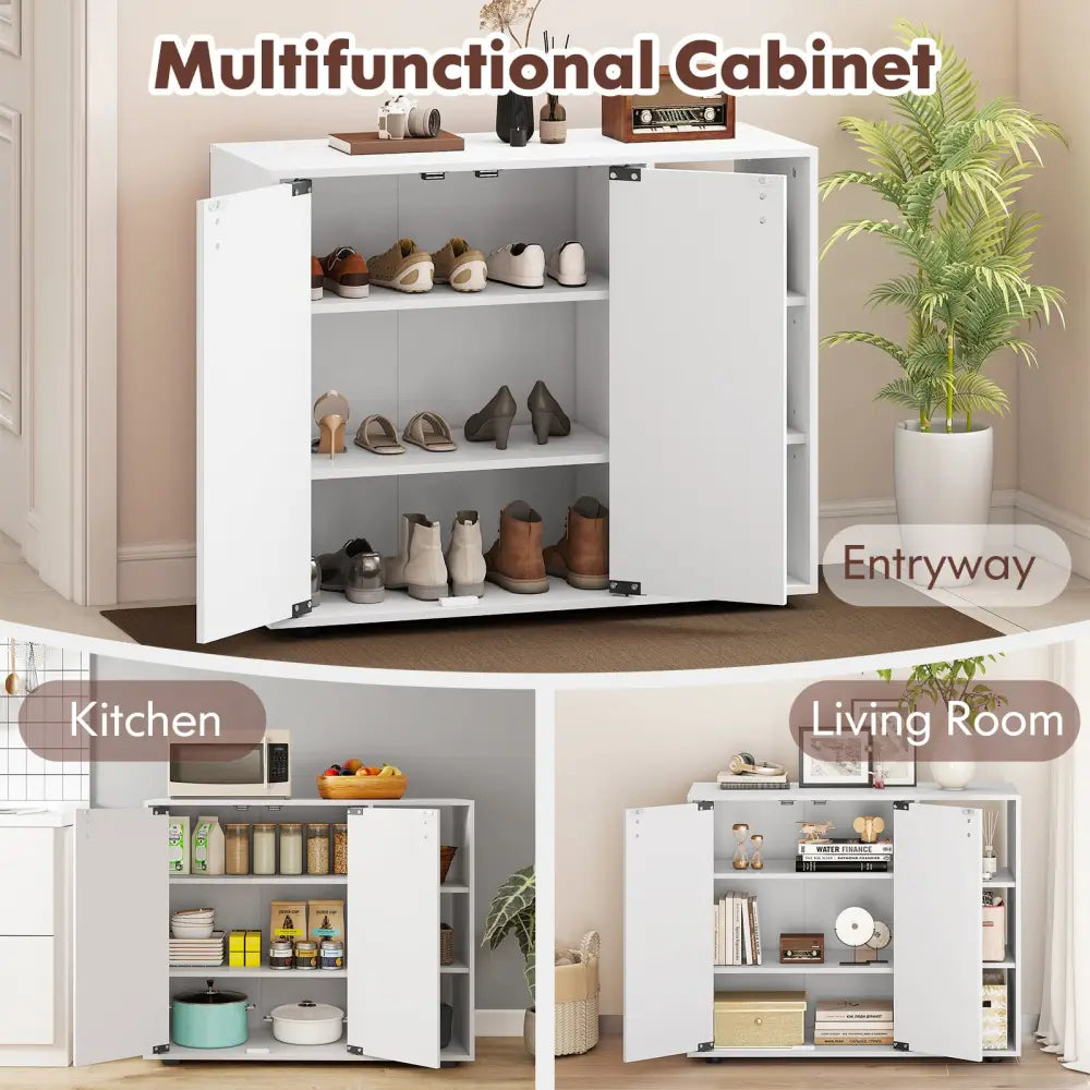 3-Tier Shoe Cabinet with Doors with Adjustable Open Shelves for Entryway-White - White - Shoe Racks & Storage Benches