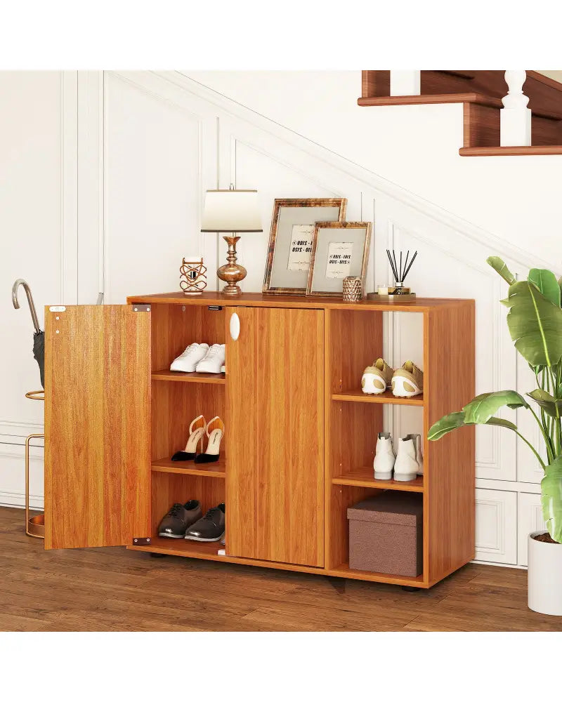 3-Tier Shoe Cabinet with Doors with Adjustable Open Shelves for Entryway-Natural - Natural - Shoe Racks & Storage