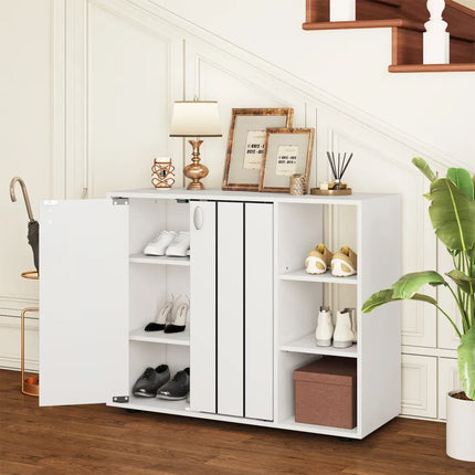 3-Tier Shoe Cabinet with Doors with Adjustable Open Shelves for Entryway-White - White - Shoe Racks & Storage Benches